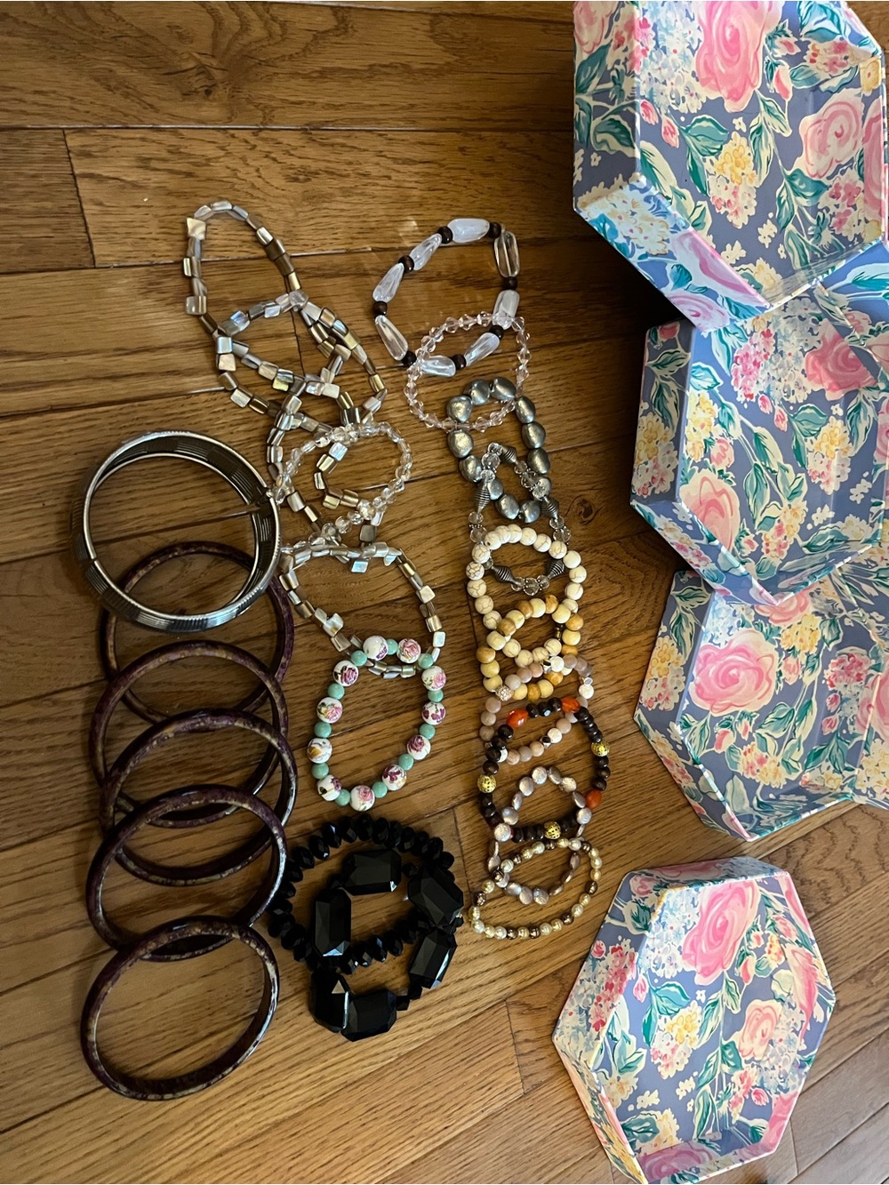 Mixed Bead and Bangle Bracelet collection - Purple, Black, Ivory, Gold, Clear